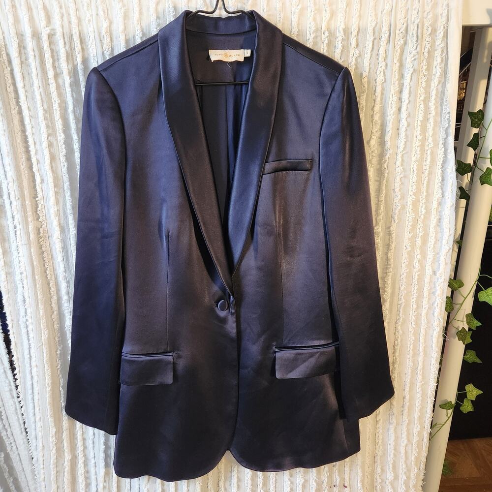 Tory Burch Sz 6 Blazer Blue Satin Oversized Dressy Designer Jacket Luxury - Picture 10 of 10